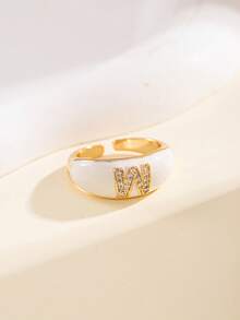 1 Peça Anel Feminino Versátil de Moda Elegante, Material de Cobre com Zircônia Cúbica em Formato de 26 Letras, Banda Aberta Ajustável, Adequado para Uso Casual Diário, Transporte, Decoração, Joia Feminina, Presente de Aniversário e Feriado - Multicolorido - Visão 12