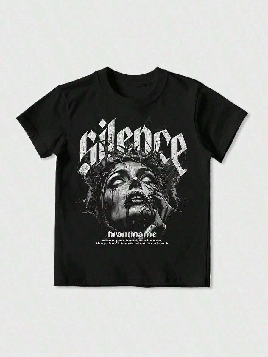Camiseta de manga corta estampada para hombre Dark Sky Face, capa base informal y a la moda - Comodidad casual, manga corta, cuello redondo, playeras de mujer, top - Multicolor - Ver 1