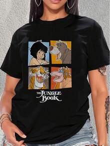 Colorful Illustration Inspired By Jungle Adventures With Cheerful Characters Symbolizing Friendship, Freedom And Nature. Comfortable Women's T-Shirt With A Classic Cut, Soft And Breathable, Ideal For Everyday Wear. - 黑色 - 查看 1