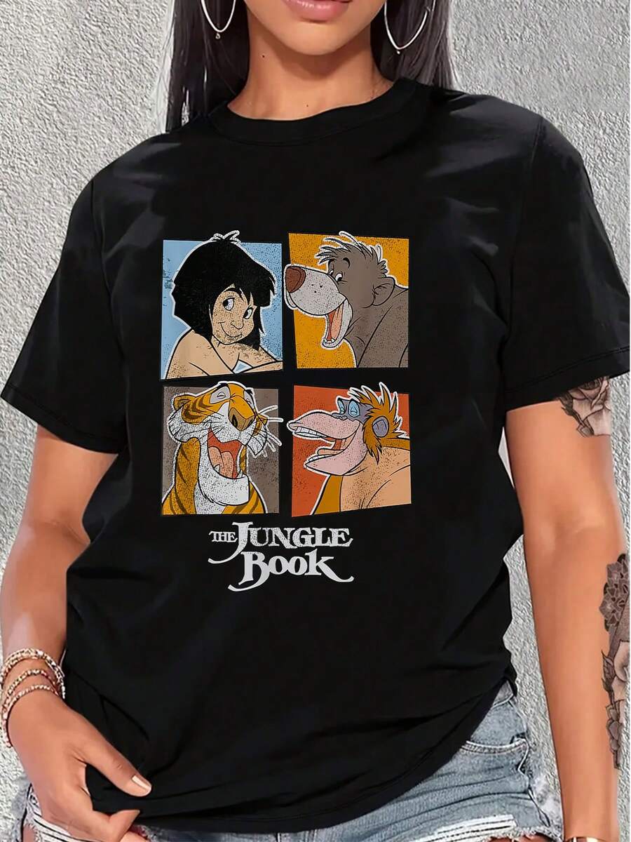 Colorful Illustration Inspired By Jungle Adventures With Cheerful Characters Symbolizing Friendship, Freedom And Nature. Comfortable Women's T-Shirt With A Classic Cut, Soft And Breathable, Ideal For Everyday Wear. - 黑色 - 查看 1