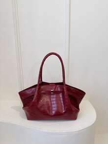 Bolso de tote de gran capacidad, nuevo bolso de hombro/axila de mujer con pliegues y estampado de cocodrilo - Rojo - Ver 10