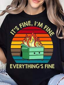 It's Okay, I'm Okay, Everything's Okay. Vintage T-Shirt With A Fire Design In A Trash Can At Sunset. Humorous Gift For Women And Men. Funny T-Shirt With A Statement. Casual Summer Wear. - 黑色 - 查看 7