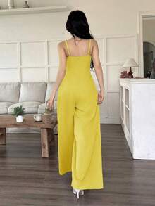 Mono informal de pierna ancha plisado de unicolor para mujer - Amarillo - Ver 2