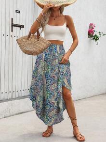 Falda de línea A con nudo en la cintura y estampado total, falda de playa de vacaciones con estampado aleatorio para otoño - Azul 3 - Ver 3