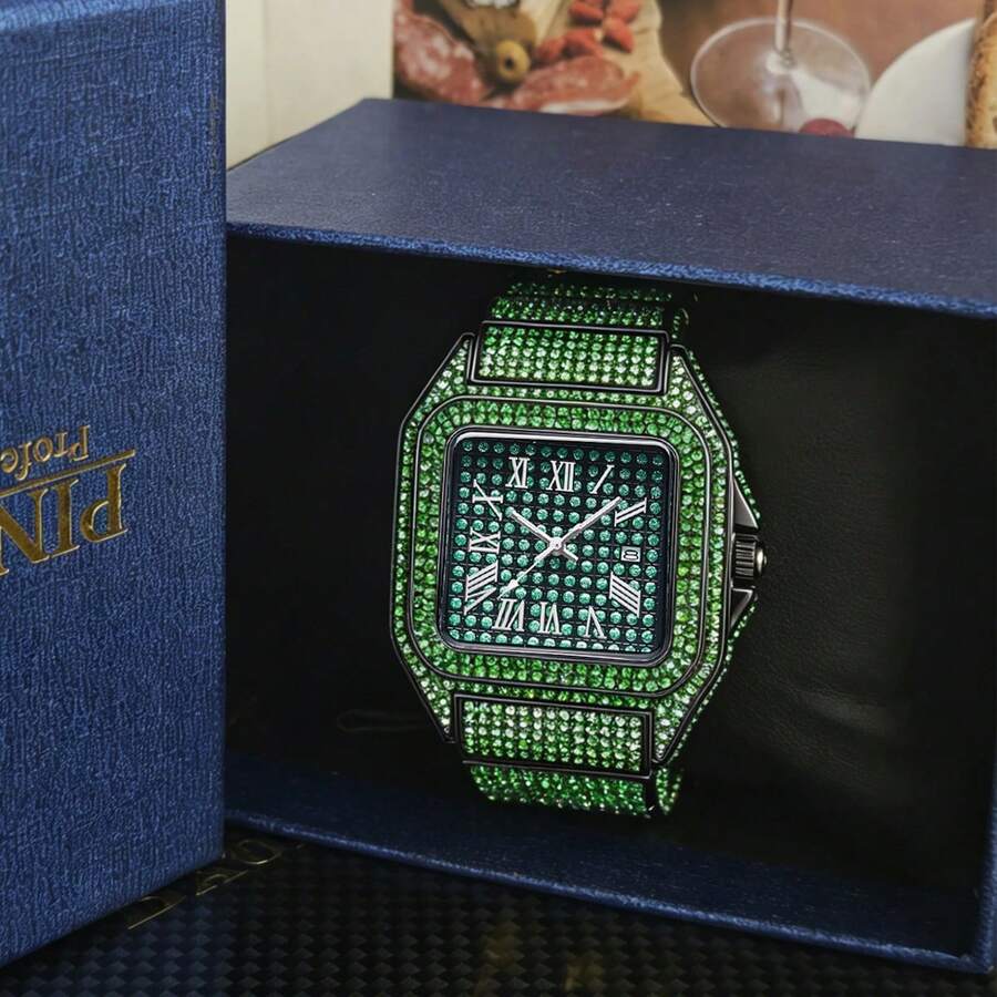 Jam Tangan Mewah Bling Bling dengan Dial Besar dan Hiasan Berlian Imitasi Sepenuhnya, Jam Tangan Quartz Bercahaya Gaya Hip Hop yang Modis untuk Pria - Satu-Ukuran - View 1