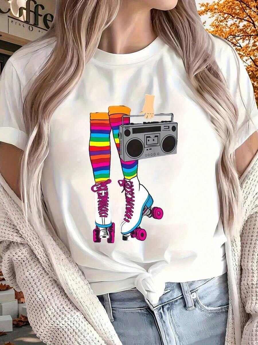 Camiseta de Mujer con Estampado de Calcetines Arcoíris y Boombox, Diseño Retro de los 80 de Patinaje sobre Ruedas, Perfecta para Ropa Casual y Conjuntos de Fiesta, 220g - Blanco - Ver 1