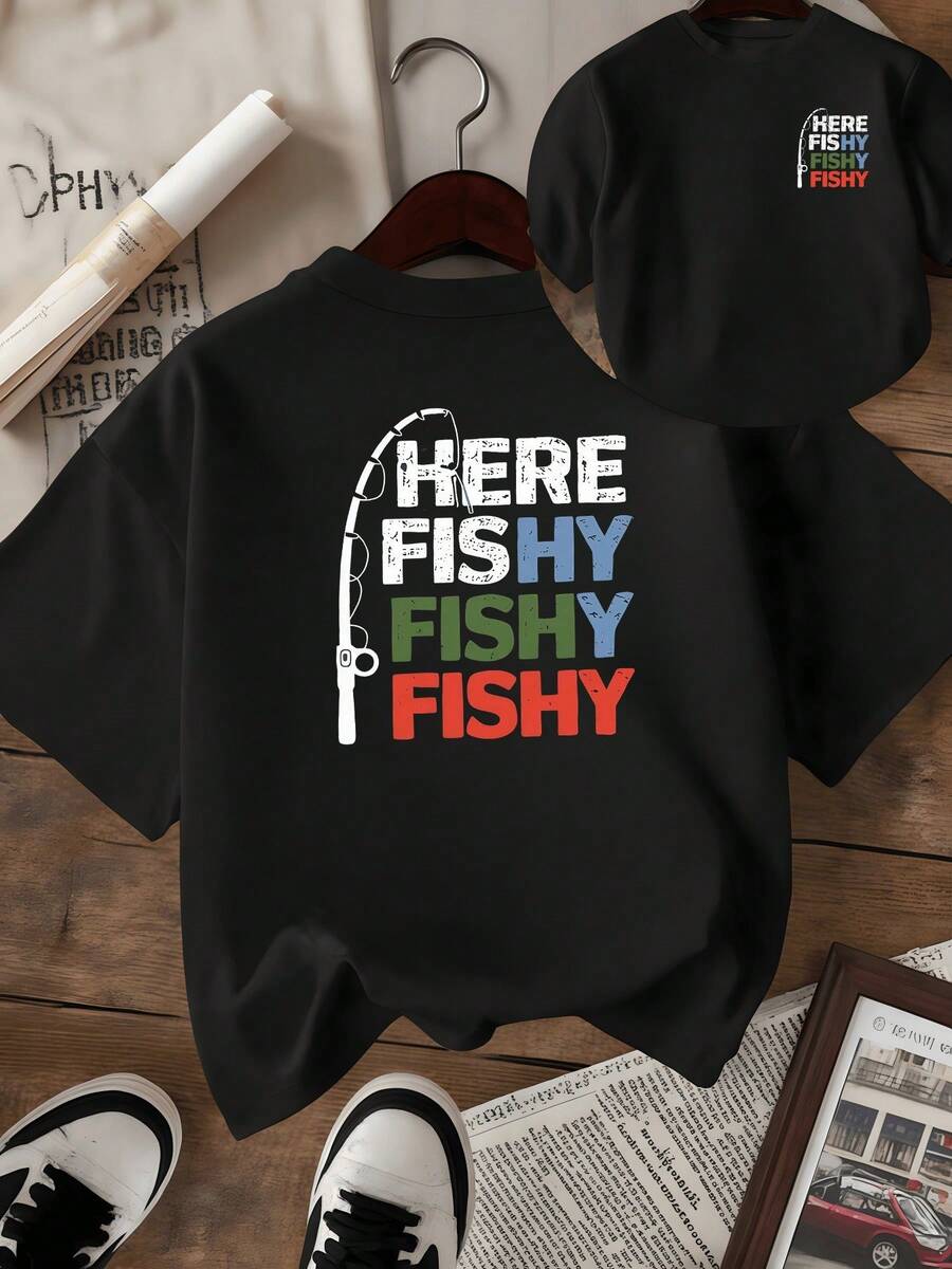 Varilla de pesca acompañada por letras coloridas que invitan a disfrutar de la pesca con humor y energía mostrando vitalidad y entusiasmo en cada detalle camiseta de mujer con estampado doble divertido y moderno - Negro - Ver 1