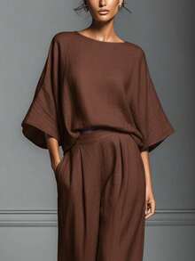 Conjunto de lino con mangas campana, estilo elegante y moderno, nueva colección primavera-verano 2026 para mujer - marrón café - Ver 3