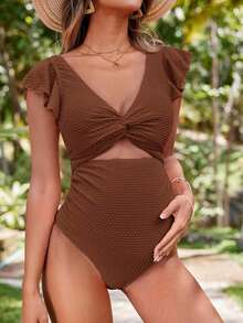 Swim Vcay Traje de baño de una pieza sencillo y elegante sin mangas de unicolor, ropa de playa para mujeres embarazadas - Marrón - Ver 3