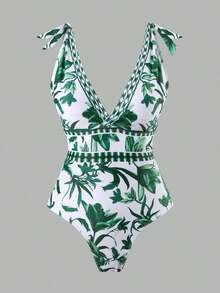 Swim Oasis Traje de baño de una pieza con cuello en V, estampado floral azul, diseño halter y espalda descubierta, con falda transparente.Atuendo de playa de verano de alta gama para mujer - Verde - Ver 4