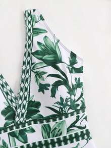 Swim Oasis Traje de baño de una pieza con cuello en V, estampado floral azul, diseño halter y espalda descubierta, con falda transparente.Atuendo de playa de verano de alta gama para mujer - Verde - Ver 7