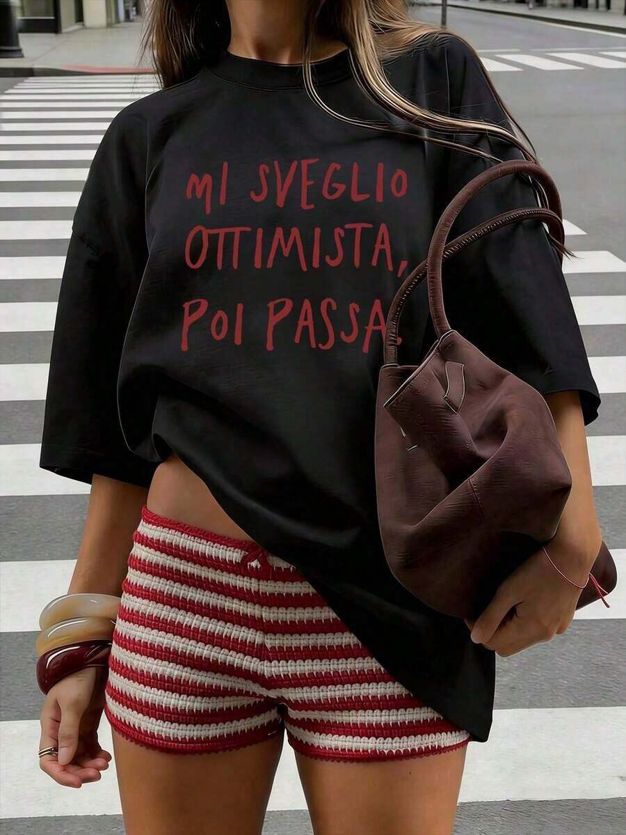 Camiseta para Mujer con Estampado de Frutas, Cuello Redondo, Manga Corta, Diseño Oversized, Ideal para Verano - Negro - Ver 1
