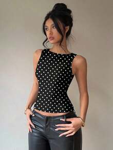 Blusa sin mangas con cuello redondo y lazo en la espalda, para uso casual y de oficina, en color negro con lunares rosas y marrones - Blanco - Ver 3