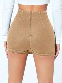 Falda pantalón informal de mezclilla con corte alto y dobladillo con doble abertura para mujer - Caqui - Ver 2