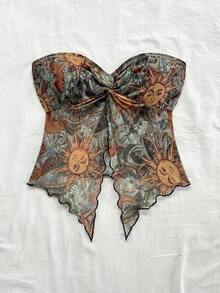 Nuevo estilo de top tubo de punto estampado rosa con dobladillo retorcido asimétrico y espalda descubierta para playa, resort, festival de música y verano bohemio para mujeres - Multicolor - Ver 3
