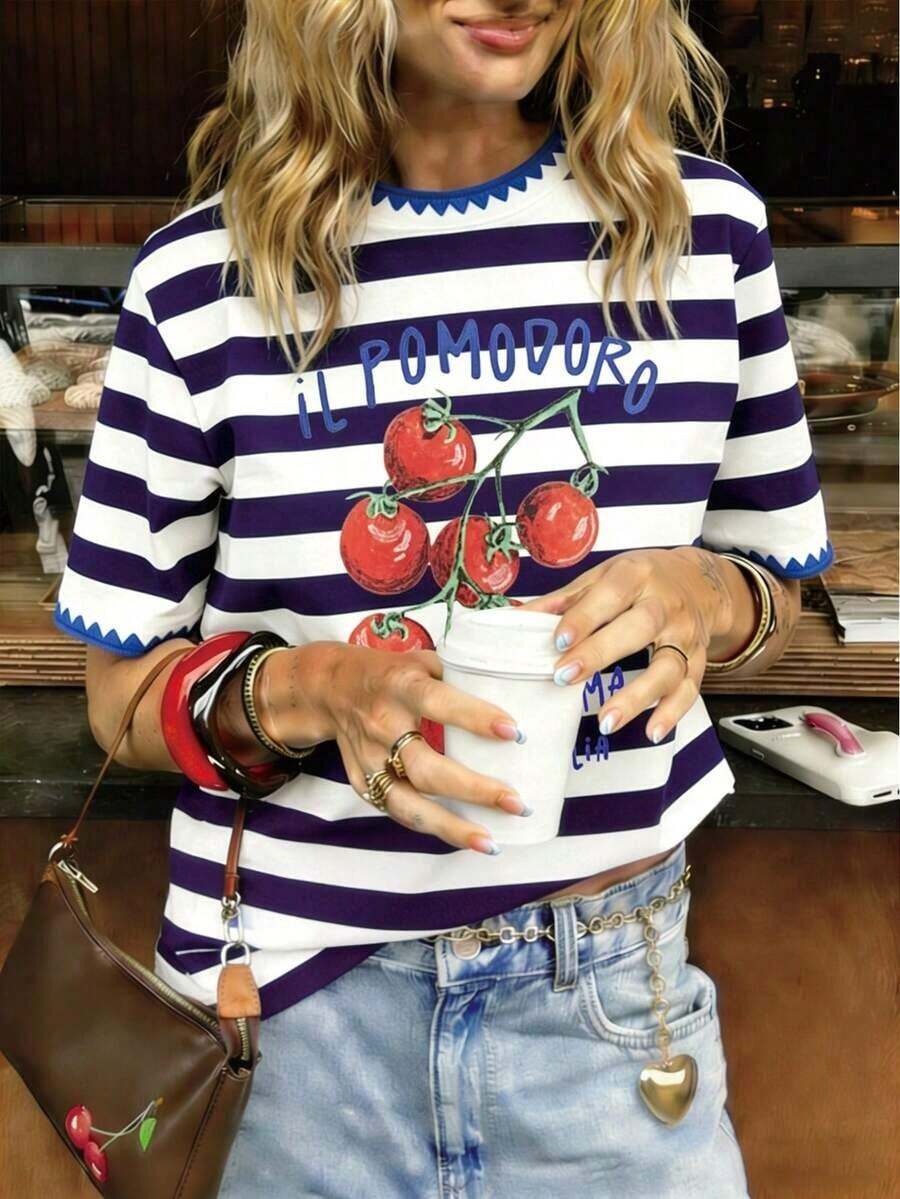 Camiseta casual de mujer con estampado de langosta / Bordado de concha / Casual diario / Verano - Multicolor 8 - Ver 1