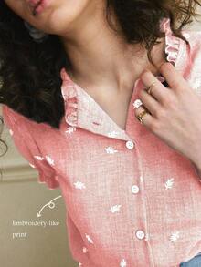 Camisa azul de mujer con cuello con volantes, mangas de pétalos y textura de tela suave, estilo francés casual de vacaciones, primavera/verano - Rosa Pálido - Ver 5