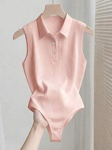 Elegante body de punto blanco con cuello vuelto y media cremallera, body de mujer para primavera/verano, ideal para vacaciones y playa - Rosa - Ver 8