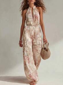 Bohemian Tropical Rainforest estampado elegante temperamento sensual pantalones de cuello en V - Rosado Sandía - Ver 1