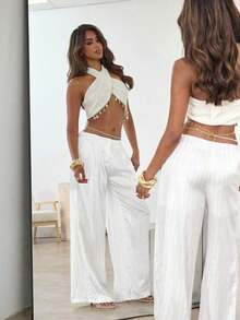 ICON Pantalones de pierna ancha de cintura baja, ajuste holgado, largo hasta el piso, gris con rayas verticales para mujer estilo Y2K - Blanco - Ver 6