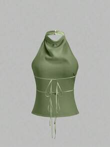 Camiseta sin espalda de unicolor y escote halter para mujer - Verde militar - Ver 2