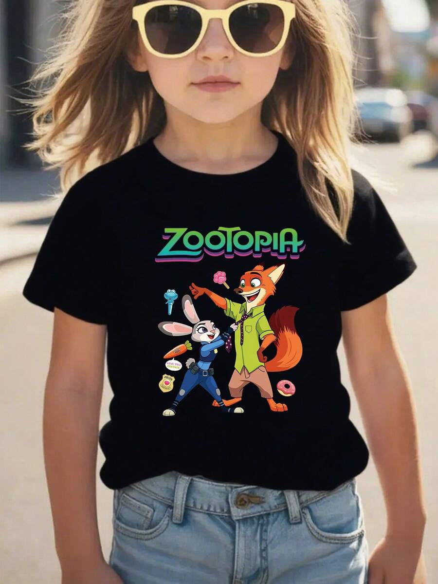 Disney Zootopia Collaboration Kids T-Shirt, Boys And Girls Summer Short Sleeve, Judy Nick Cute Print Top - Children's Summer Round Neck Cotton T-Shirt, Cotton Clothes For Kids Boy, Perfect For Outdoor Casual Wear - màu đen - Xem 1