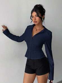 AYYAloruh Camisa de mujer de manga corta con pliegues en la cintura, de color blanco sólido y elegante, versátil, adecuada para ir al trabajo, uso diario, primavera/veranoAYY - Azul marino - Ver 6