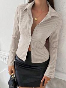 Camisa elegante de manga larga con rayas azules y blancas de corte slim para uso diario, estilo francés para mujeres - Albaricoque - Ver 10