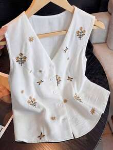 Camisa sin mangas con cuello en V, botones y bordado, con aspecto de lino, para mujer, para salidas de verano, citas, Año Nuevo, San Valentín, Pascua, Día de la Madre, festivales de música, estilo de Oriente Medio, bodas, elegante, vintage, casual - Blanco - Ver 9
