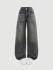 Jeans sencillos de uso diario con estampado de bigotes de gato para niñas adolescentes - Gris 2 - Ver 5