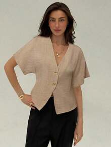 Camisa blanca sólida con mangas de murciélago, doble botonadura y frente abierto elegante - Albaricoque 2 - Ver 1