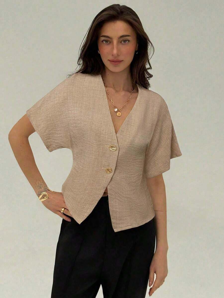 Camisa blanca sólida con mangas de murciélago, doble botonadura y frente abierto elegante - Albaricoque 2 - Ver 1