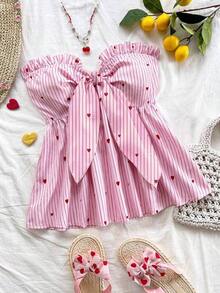 Top tubo con volantes y nudo delantero con estampado de rayas y bloques de color para vacaciones de verano en la playa de mujer - Multicolor - Ver 1