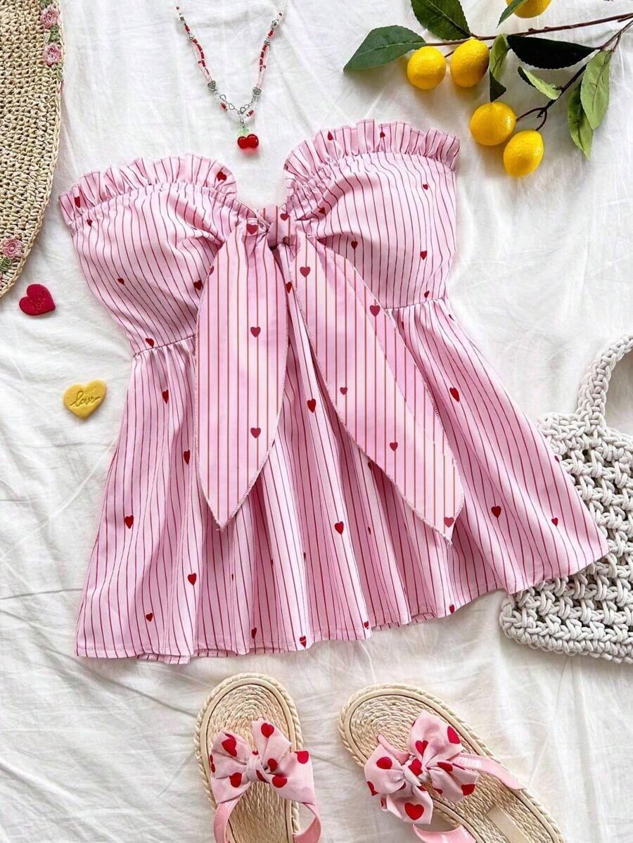 Top tubo con volantes y nudo delantero con estampado de rayas y bloques de color para vacaciones de verano en la playa de mujer - Multicolor - Ver 1