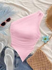 Blusa casual de unicolor con hombros oblicuos y ajustada, apropiada para el verano - Rosa - Ver 4