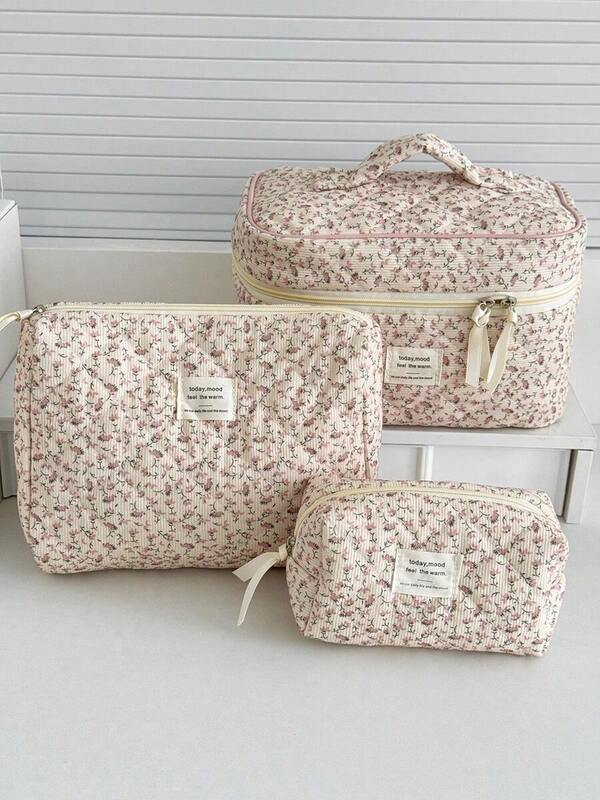 1pc/Set Pink Floral Corduroy Cosmetic Bag, Multi-Functional Makeup Organizer Pouch, Portable Zipper Makeup Storage Bag, Suitable For Storing Cosmetics, Skincare, Lipstick, Makeup Brushes, Hand Cream, Earphones, Coins, Keys, For Home, Travel, Vacation And School