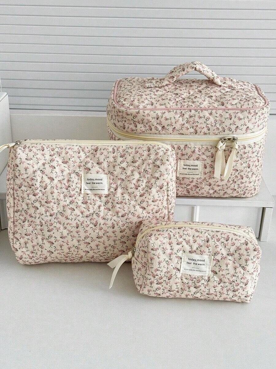 1件/套粉色碎花灯芯绒化妆包，多功能化妆品收纳袋，便携式拉链化妆储物袋，适合存放化妆品、护肤品、口红、化妆刷、护手霜、耳机、硬币、钥匙等，适用于居家、旅行、度假和学校场合。