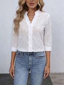 Blusa de mujer con bordado floral y cuello con muesca, manga 3/4.Tops de manga tres cuartos - Blanco 3 - Ver 4