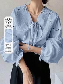 Blusa urbana de verano de alta calidad con cuello asimétrico bordado, diseño de corbata de lazo, mangas abullonadas y corte holgado para mujer - Azul - Ver 9