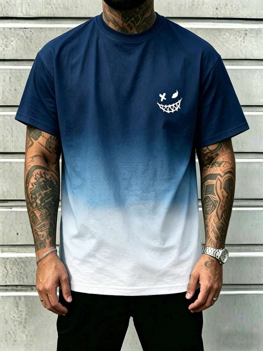 Plus Size Men's Gothic Style Colorblock Short Sleeve Round Neck T-Shirt, Summer - Baby Blue - View 1