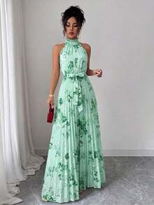 Vestido elegante y romántico con estampado floral, corte evasé y escote halter sin mangas para mujer - Multicolor 5 - Ver 5