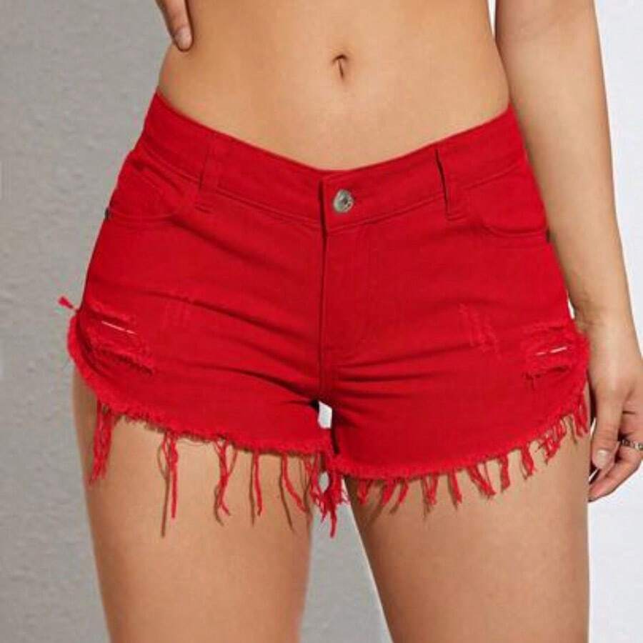 ICON Women's Pocket Frayed Edge Casual Versatile Denim Shorts - Rojo - Ver 1