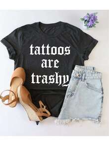 Women T-Shirt Short Sleeve Graphic Print Crew Neck Casual Summer Daily Tops,Black Cotton Women's T - Shirt: "Tattoos Stance" Bold Statement Printshort Sleeve,Women's T-Shirts,Graphic Tee,Graphic Tees Women Tops,Summer Tee,Casual T-Shirt, Summer Shirts,Going Out Tops,Summer Outfits For Women,Comfortable Crew Neck Short-Sleeve Casual T-Shirt - màu đen - Xem 1