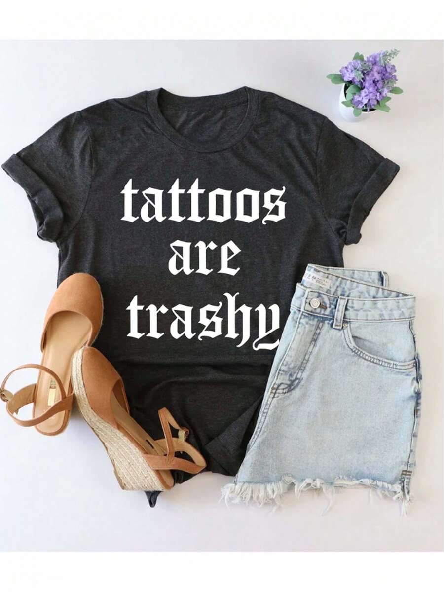 Women T-Shirt Short Sleeve Graphic Print Crew Neck Casual Summer Daily Tops,Black Cotton Women's T - Shirt: "Tattoos Stance" Bold Statement Printshort Sleeve,Women's T-Shirts,Graphic Tee,Graphic Tees Women Tops,Summer Tee,Casual T-Shirt, Summer Shirts,Going Out Tops,Summer Outfits For Women,Comfortable Crew Neck Short-Sleeve Casual T-Shirt - màu đen - Xem 1