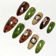 BABALAL Press On Nails, Medium Almond Fake Nails, Brown Green, Plaid &Amp; Apple Y2k Anime, Glossy Full Cover Glue On Nails For Women And Girls 24Pcs - ColorE - 查看 4