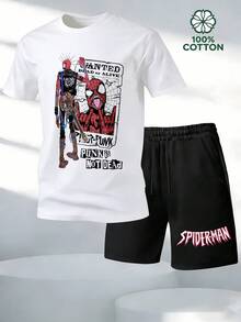 Spider Man Punk Wanted Poster Men's 2 Piece Outfits 100% Cotton T-Shirt And Shorts Set Marvel Superhero Graphic, Streetwear Casual Summer Clothes For Men Summer Clothes Gifts - trắng - Xem 2