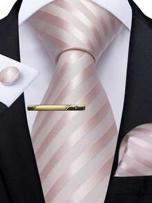 Men's Black & Pink Striped Tie Set - Includes Matching Pocket Square, Cufflinks, And Gold Tie Clip, Fashionable For Business Formal Occasions,Festival,Graduation Gift - Baby Pink - View 1