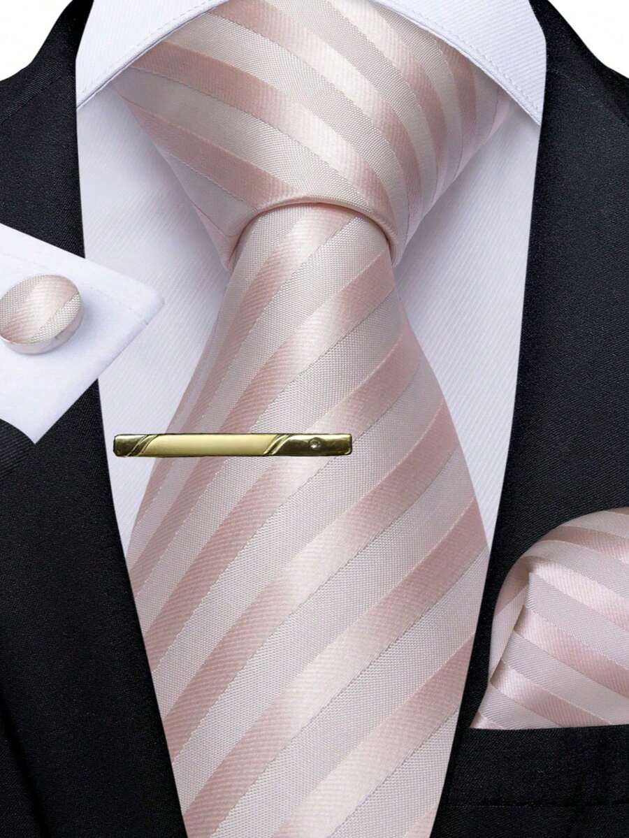 Men's Black & Pink Striped Tie Set - Includes Matching Pocket Square, Cufflinks, And Gold Tie Clip, Fashionable For Business Formal Occasions,Festival,Graduation Gift - Baby Pink - View 1