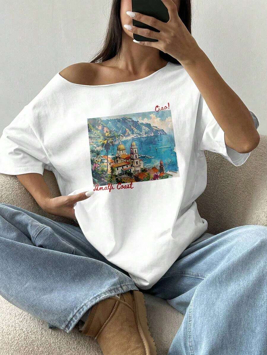 Camiseta de manga corta  para mujer, holgada, con hombro asimétrico, diseño de paisaje urbano, estilo oversize, para verano y ocio. - Blanco - Ver 1