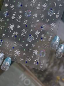 1片热带棕榈树银色水钻美甲贴纸，自粘防水指甲贴，闪亮清新夏日美甲，女士适用 - 彩色 - 查看 3